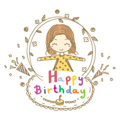 Doodle drawing vector of cute girl smile and open arms with Happy Birthday word