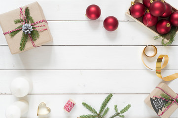 Christmas decoration, white background for post card gift vintage, copyspace for text, fashion stylish red toys