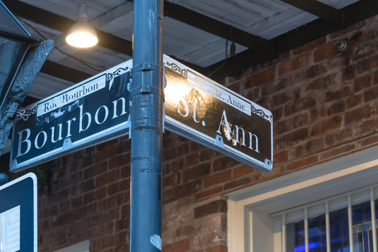 Bourbon Street Sign in New Orleans, the world famous Bourbon Street at French Quarter as party atmosphere.