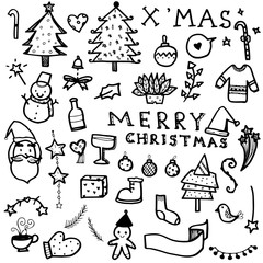 vector set of Christmas drawn doodles in black line on white background