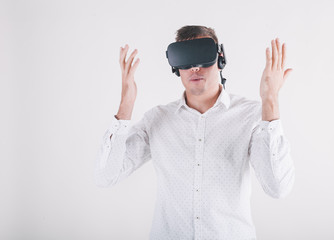 boy in virtual reality headset on white background