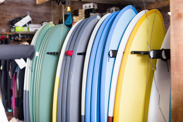Image of colorful surfboard standing in store