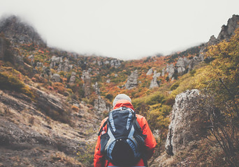 Obraz premium Man hiker with trevelling backpack looking on big mountain. Autumn forest around