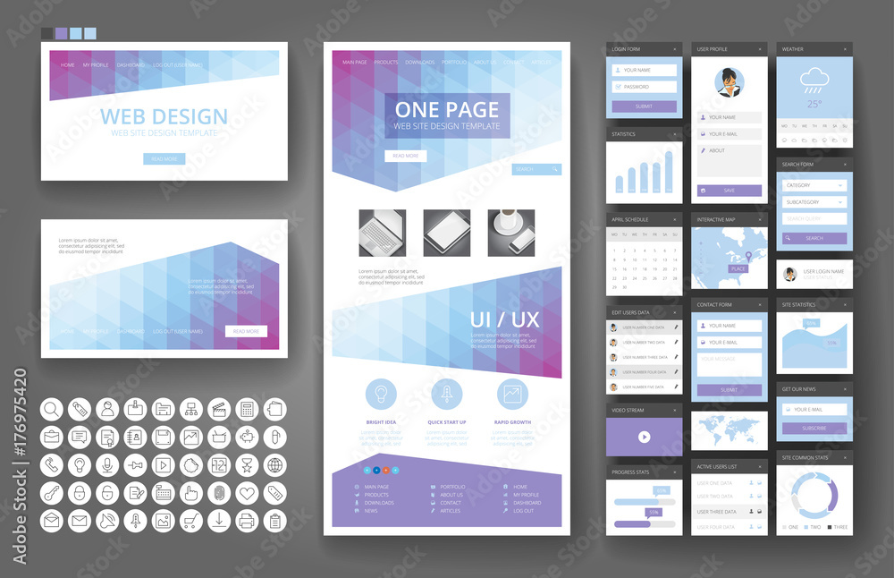 Wall mural website design template and interface elements