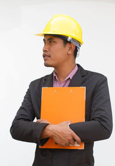 Young man engineering isolated on white 