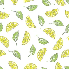 Wall murals Lemons Hand drawn lemons pattern in retro style. Vector seamless background with lemon slices and leaves.