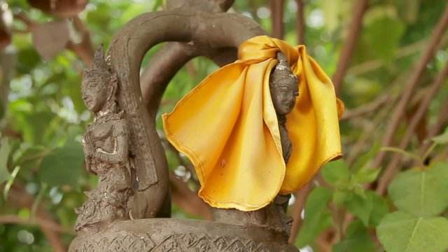 Decorative elements on sacral bell in Wat Saket Ratcha Wora Maha Wihan the Golden Mount . Bangkok Thailand.
