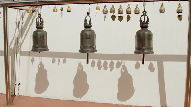 Sacral bells in Wat Saket Ratcha Wora Maha Wihan the Golden Mount . Bangkok Thailand.