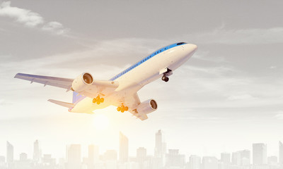 Airliner in sky. Mixed media