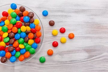 Foto auf Alu-Dibond On a light surface of a wooden table there is a transparent round plate of mixed colored candy. Sweets are scattered on the table near it in the form of an arrow. Top view. © Serhii