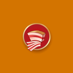 Bacon icon. Bacon emblem.   The piece of bacon and thin slices on a red badge.