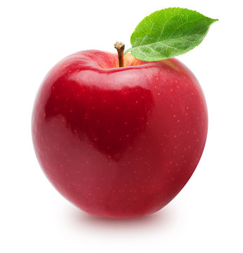 Isolated apple. Whole red, pink apple fruit with leaf isolated on white, with clipping path