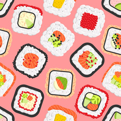 Seamless pattern of cute colored sushi rolls. Vector collection of different flavours and kinds