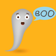Flying ghost spirit and a speech bubble Boo. Happy Halloween. Scary white ghosts. Greeting card. Flat design. Vector illustration