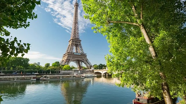 Seine in Paris with Eiffel Tower at sunrise time