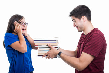 Student boyfriend offering girlfriend pile of books