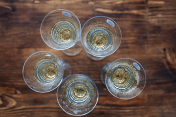 Many glasses of champagne. Flat lay. Concept holiday, party, alcohol.