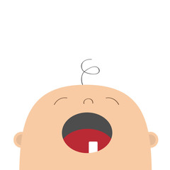 Baby crying greeting card template. Kid face looking up. Cute cartoon character. Funny head with hair, eyes, nose, open mouth tooth. Its a boy. Flat design. White background. Isolated.