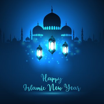 Happy islamic new year with silhouette mosque and blue shiny lantern