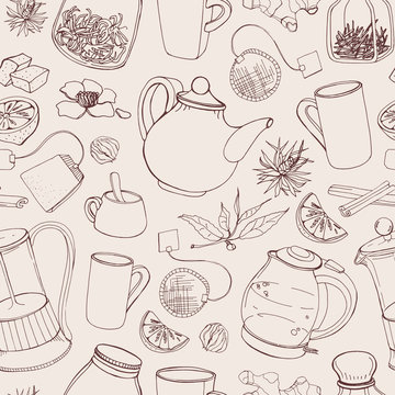 Contour seamless pattern with hand drawn tools for preparing and drinking tea - electric kettle, french press, teapot, cup, mug, sugar, lemon, herbs and spices