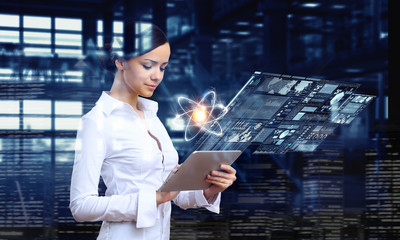 Woman scientist making research. Mixed media