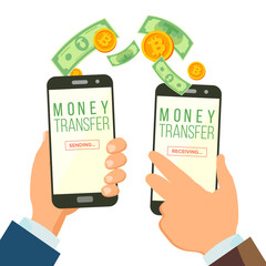 Mobile Money Transferring Banking Concept Vector. Hand Holding Smartphone. Dollar And Bitcoin. Wireless Finance Sending And Receiving. Modern Finance Economic. Isolated Illustration.