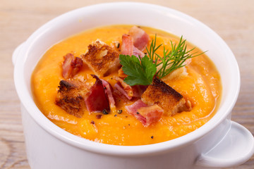 Butternut Squash and Bacon Soup in White Bowl, horizontal