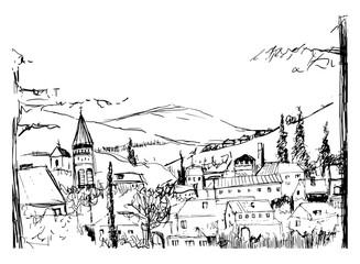 Rough black and white sketch of small ancient Georgian town, buildings and trees against high mountains on background. Drawing of landscape with settlement located on hillside. Vector illustration.