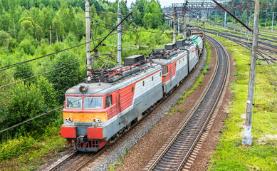 Naklejka premium Freight train at Bekasovo-Sortirovochnoye station, the largest in Europe railway station. Moscow, Russia