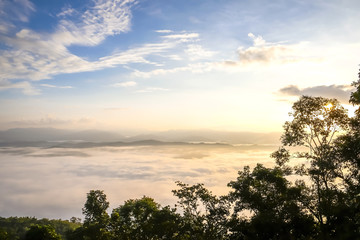 Beautiful mountain view with fog, sunrise scene, Doi Samer Dao mountain in Nan province, Thailand