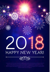 Happy New 2018 Year! Lights Background with Bokeh Effect, Snow and Fireworks. Vector illustration
