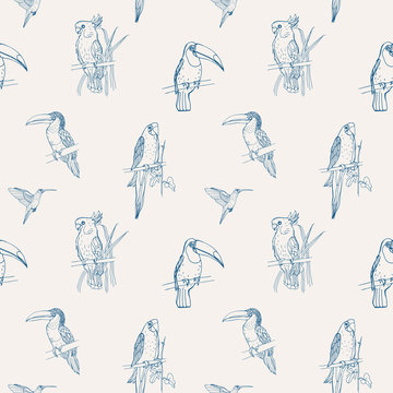 Beautiful tropical seamless pattern with different exotic birds sitting on tree branches and flying on white background. Monochrome vector illustration for wallpaper, fabric print, wrapping paper.