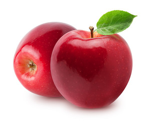 Isolated apples. Two whole red, pink apple fruit with leaf isolated on white with clipping path