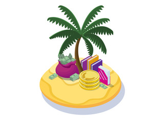 Offshore company concept with money banknotes, coins on tropical island with palm and dollar sign, folders with documents, financial fraud poster, isometric 3d vector illustration