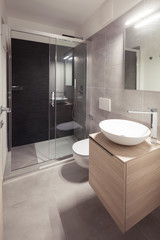 Modern apartment, toilet. Interior of a modern small new bathroom. The washbasin is white circular.