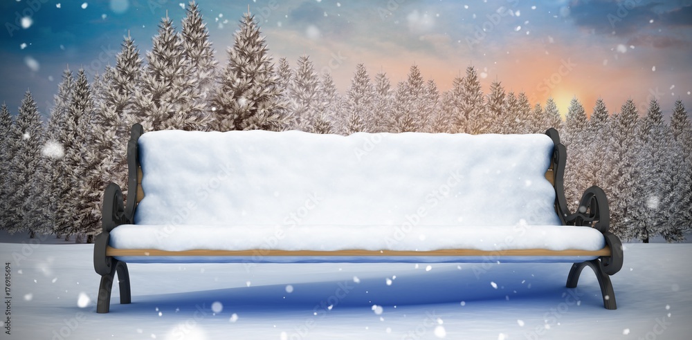 Poster composite image of bench covered with snow