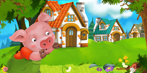 Obraz na płótnie Canvas Cartoon scene pig farmer near traditional village - illustration for children