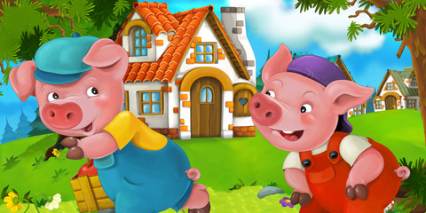 Cartoon scene pig farmers near traditional village - illustration for children