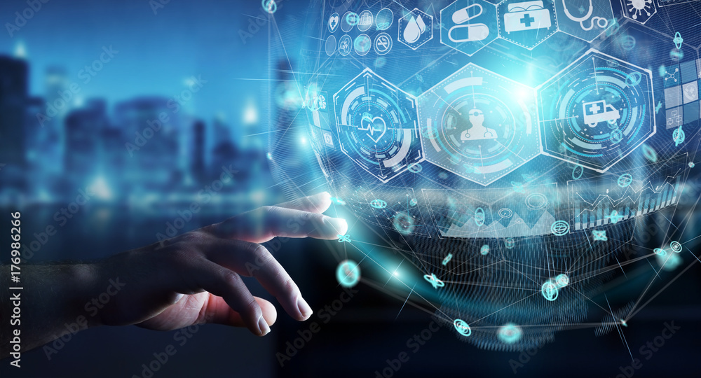 Poster businessman using digital medical sphere 3d rendering