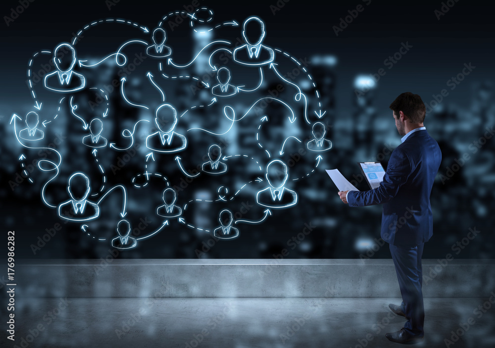 Aufkleber businessman watching social network sketch on a rooftop 3d rendering