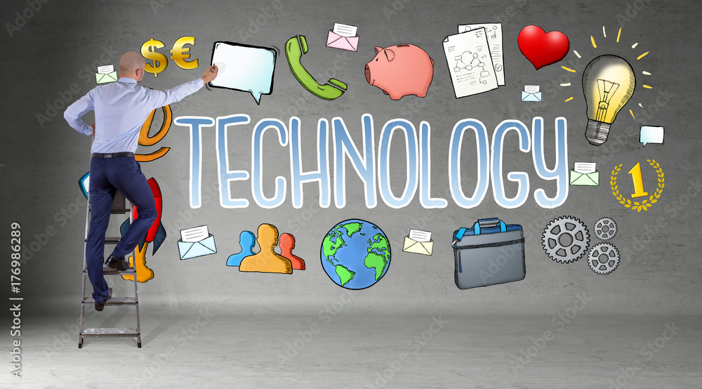 Poster businessman drawing technology sketch on a wall 3d rendering