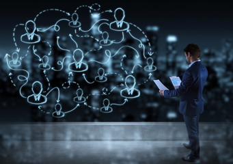 Businessman watching social network sketch on a rooftop 3D rendering