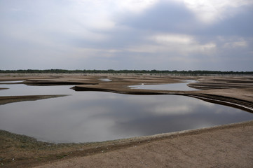 The shoal on the river Volga, Astrakhan. Unusual landscape like craters
