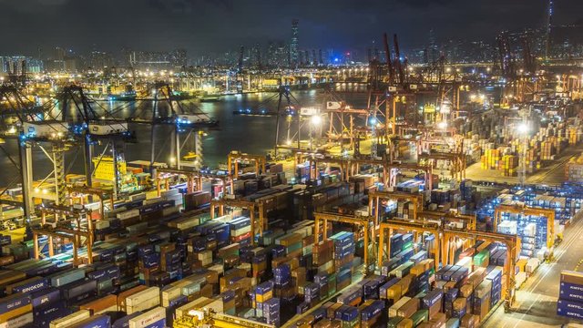 Time lapse of Hong Kong Container Terminal at Night - Hong Kong Kwai Tsing Container Terminals is one of the busiest ports in the world.