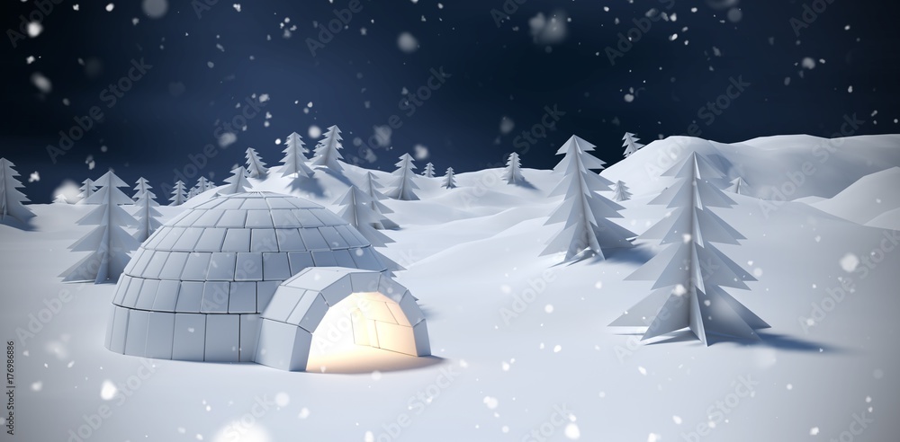 Poster composite image of igloo and trees on snow field