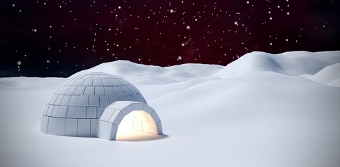 Composite image of igloo on snow field - obrazy, fototapety, plakaty
