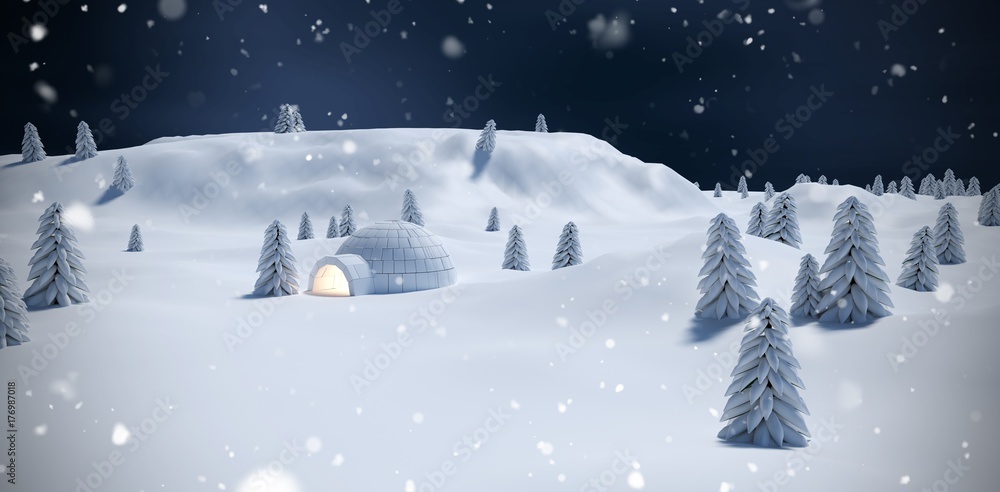 Poster composite image of illuminated igloo with trees on snow field