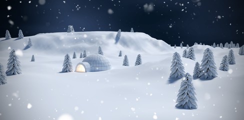 Fototapeta na wymiar Composite image of illuminated igloo with trees on snow field