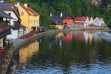 Fototapeta na wymiar Summer morning at Cesky Krumlov city and Vltava river. Unesco World Heritage site. Czech republic