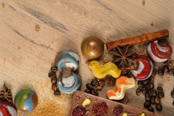 Fototapeta na wymiar chocolate candies on a wooden table. handmade